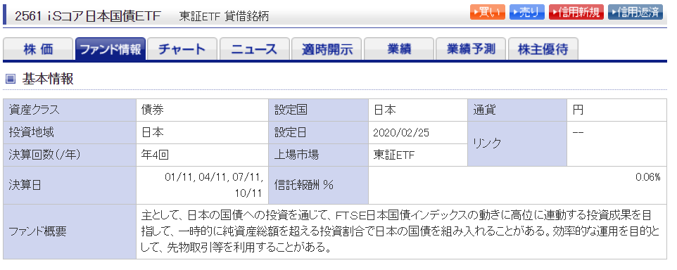 iシェアーズ・コア 日本国債 ETFの詳細