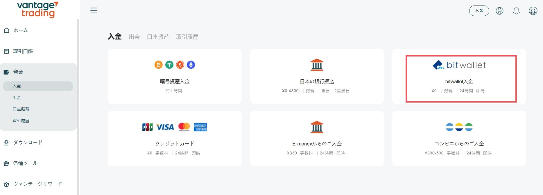 Vantage入金方法・bitwallet入金