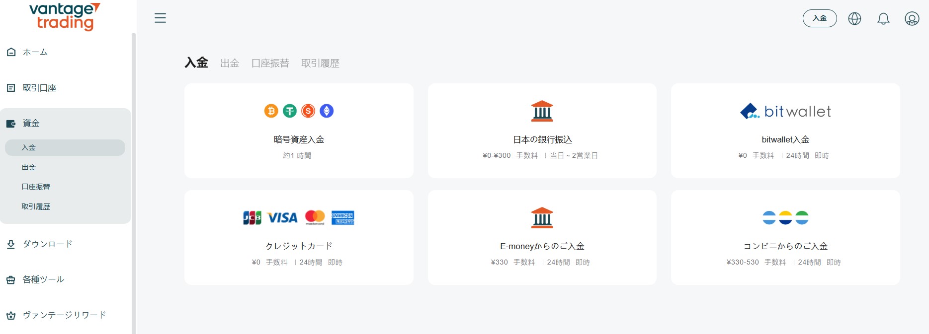 Vantage入金方法一覧